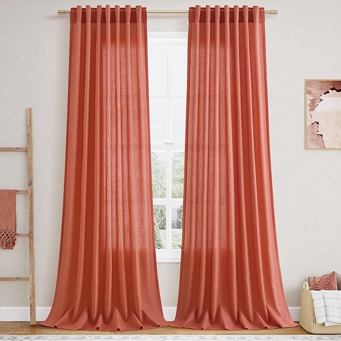 Nanspring Coral Linen Curtains 90 Inch Length 2 Panel Set Back Tab Rod Pocket Semi Sheer Light Filtering Neutral Boho Farmhouse Lightweight Drapes for Bedroom and Living Room 52x90