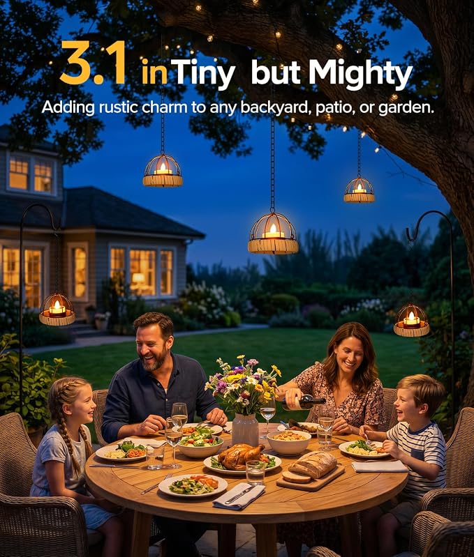 KOOPER Hanging Solar Lanterns Outdoor Waterproof, 4 Pack Flickering Solar Powered Tea Lights, Rust Iron Ball Candle Holder Hanging Solar Lights for Backyard Garden Patio Yard Fence Tree Decoration