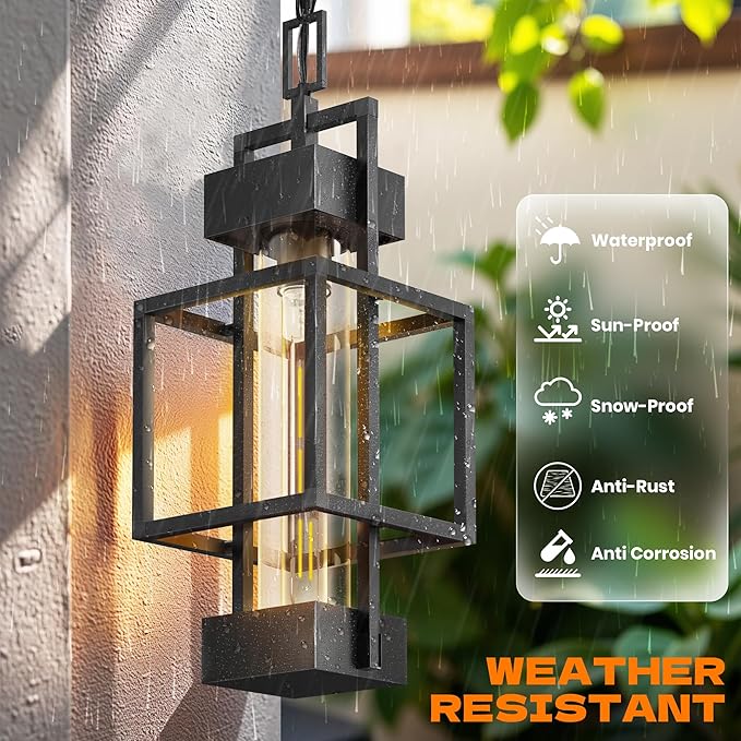 Hotsonic 15'' Outdoor Indoor Pendant Light Exterior Hanging Lantern, Modern Metal Outside Chandelier Light Fixture Black Ceiling Mount with Water Glass for Front Porch Entrance Foyer Entryway