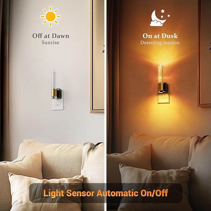 JandCase Night Light, Flameless Candle Amber Night Lights Plug into Wall, Auto On/Off Light Sensor LED Crystal Dimmable Nightlight, 0-100LM Decorative nite Light for Adults Bathroom Hallway, 1Pack