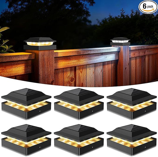 Solar Post Cap Lights 6-Pack, IP65 Waterproof Fence Post Solar Lights for 4x4 Wood/Vinyl Posts, Outdoor Post Lights with 2 Color Modes Decorate Garden Patio Porch Backyard, Black