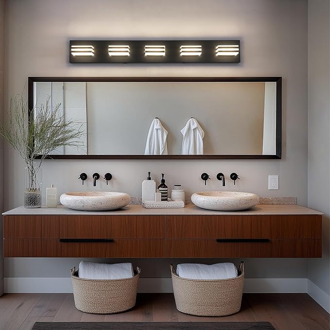 LED Wall Black Vanity Lights for Bathroom Light Fixtures 30W Adjust 3 Colors Modern Bath Lighing Over Mirror Acrylic Heads LED Vanity Light (5-Light,34inch)