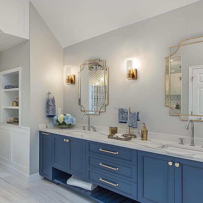 Brass Indoor Wall Sconces Set of Two, Bathroom Vanity Light Fixtures Over Mirror, Glass Wall Lamps for Bedroom Side Vanity Lights for Bathroom Sink Hallway, E12 Base