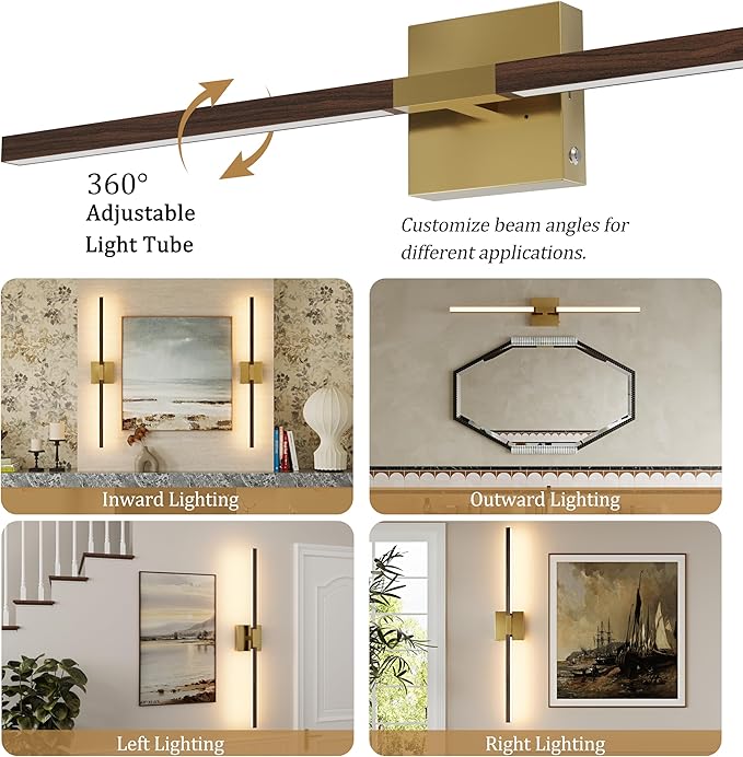 Rayogale 40 Inch Rechargeable Battery Operated Wall Sconce Set 2, 8000mAh Cordless, 3000K/4500K/6000K, Dimmable, Remote, Touch Control, 360° Rotation for Living Room Gold Walnut 2 Pack