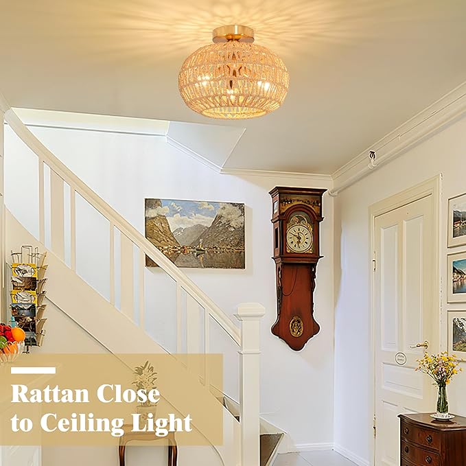 11.8" Rattan Light Fixture 3-Lights Boho Semi Flush Mount Ceiling Light Rattan Close to Ceiling Light Farmhouse Light Fixtures Ceiling with Handwoven Shade for Farmhouse Foyer
