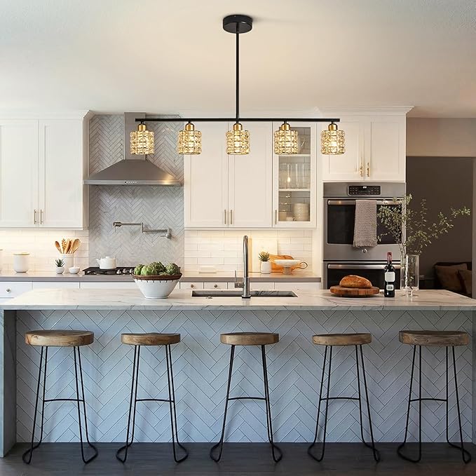 5-Light Linear Crystal Chandelier, Black and Gold Dining Room Light Fixtures Over Table, Adjustable Height Farmhouse Pendant Lights Kitchen Island for Dining Room