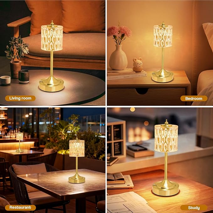 Cordless Crystal Table Lamp, 5200mAh Rechargeable Battery, 3 Color Dimmable Touch Control, Portable Vintage Gold Desk Lamp for Bedroom, Nightstand, Living Room, Home Decor (Amber-2)