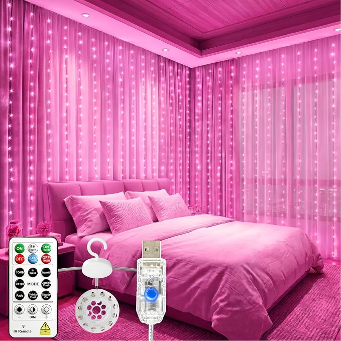 HXWEIYE 300LED Untangled Curtain Lights, 9.8x9.8Ft USB Fairy Twinkle String Lights with Remote and DIY Timer, 8 Modes Window Wall Hanging Light for Bedroom Dorm Backdrop Room Decor, Pink