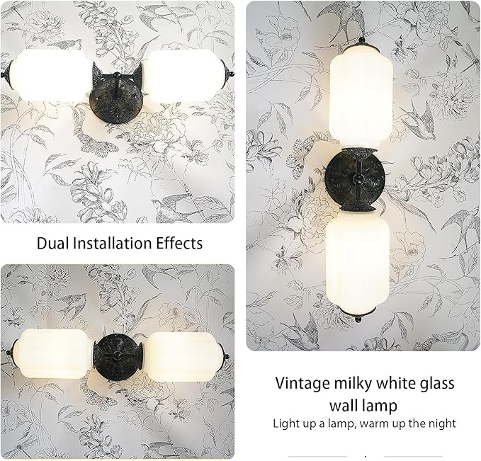 Vintage Milk Glass Bathroom Vanity Light - 2-Light Wall Sconce with Brass Finish Base & Green Glass Shade - Wall Sconce Lighting for Mirror, Kitchen, Living Room, Gallery (Bulbs Included) (white)