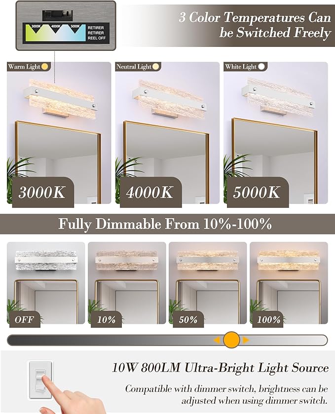 Brushed Nickel Bathroom Vanity Light, 16.5 Inch 10W Dimmable LED Bathroom Light Fixture Over Mirror, Modern Crystal Bar Wall Sconce Lighting for Bath, 3CCT, OS-MM5001-2BN