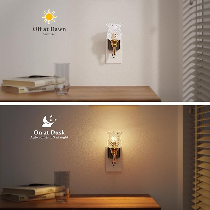 JandCase Night Light, 2 Pack Glass Night Lights Plug into Wall, Dimmble Floral LED Nightlight, 0-100 LM Flower Nightlights, Dusk to Dawn Sensor, 1W Vintage Nite Light for Bathroom Gift Vanity Decor