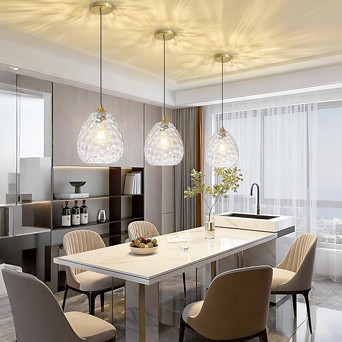 Glass Pendant Lights Kitchen Island, Brass Gold Pendant Lighting Fixtures, Modern Hanging Ceiling Light with 8.27'' Hammered Glass Shade for Farmhouse Dining Room Bedroom Hallway(1 Pack)
