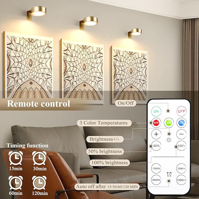 KELUOLY 2-Pack Picture Light Battery Operated Painting Lights for Wall, Magnetic LED Display Art Light with Remote, Dimmable and Timer Portrait Light for Art Frame Artworking, Wall Decor Puck Light