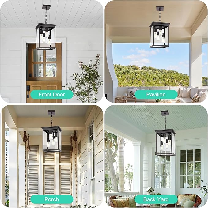 Yaohong 4-Lights Outdoor Pendant Light Fixture with Clear Glass, Oil Rubbed Bronze Farmhouse Exterior Ceiling Hanging Light Fixture with Adjustable Chain, Outdoor Hanging Lantern for Porch Entrance