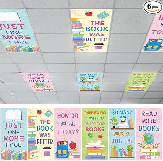 6 Pcs Colored Reading Fluorescent Light Covers for Classroom Back to School Ceiling Lights 4 x 2 Feet Magnetic Light Cover Filter Easy Install for Office Hospitals Home Supplies(Colorful Reading)