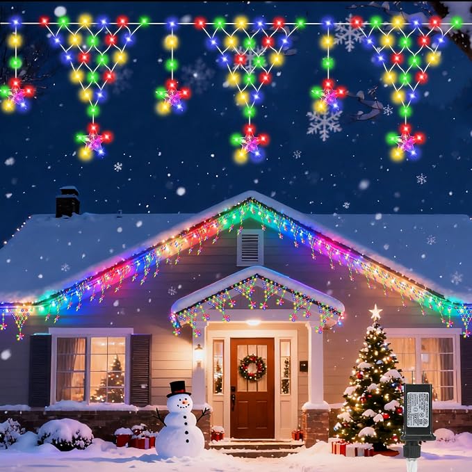 (New) Outdoor Christmas Lights, 13.8ft 218 LED Christmas Curtain Lights, Icicle String Lights with 12 Drop Stars for Curtain, Indoor, Garden, Patio, Wedding, New Year, Home Decoration - Multicolor