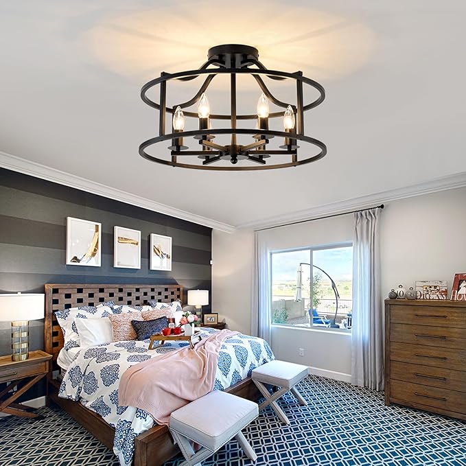 UOFUS Black Farmhouse Chandelier 6-Light Metal Dining Room Light Fixture Modern Industrial Semi Flush Mount Ceiling Light Fixture for Kitchen Island Bedroom Entryway Hallway Foyer E12 Base