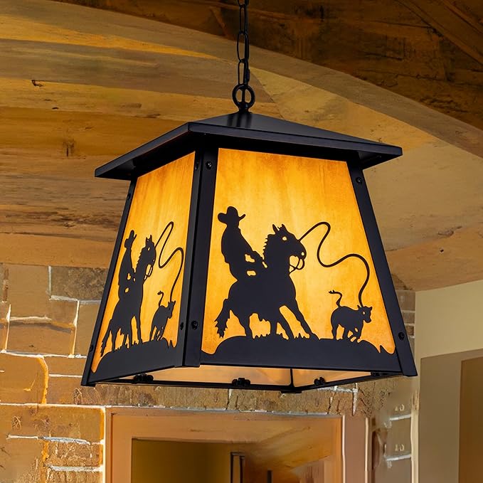 TOCHIC Black Farmhouse Chandelier, 12" Vintage Outdoor Pendant Light Fixture for Porch Gazebo Patio, Rustic Waterproof Western Cowboy Chandeliers for Entryway, Hallway, Foyer, Kitchen, Dining Room