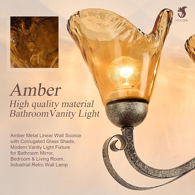 VitaLink 4-Light Bathroom Vanity Light 29.5" Rustic Amber Glass Wall Sconces for Bathroom Over Vanity Mirror Wall Lamp for Living Room Hallway E26