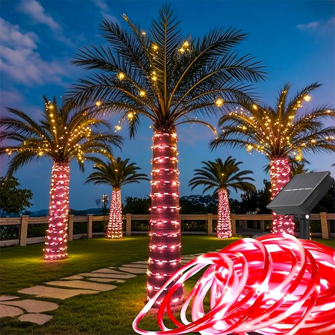 Honche Solar Rope Light 33FT 100LED IP65 Waterproof Outdoor LED Copper Fairy String Tube Lights for Party Gazebo Garden Patio Stair Balcony Fence Tree Daily Christmas Decoration(Solar-Candy)