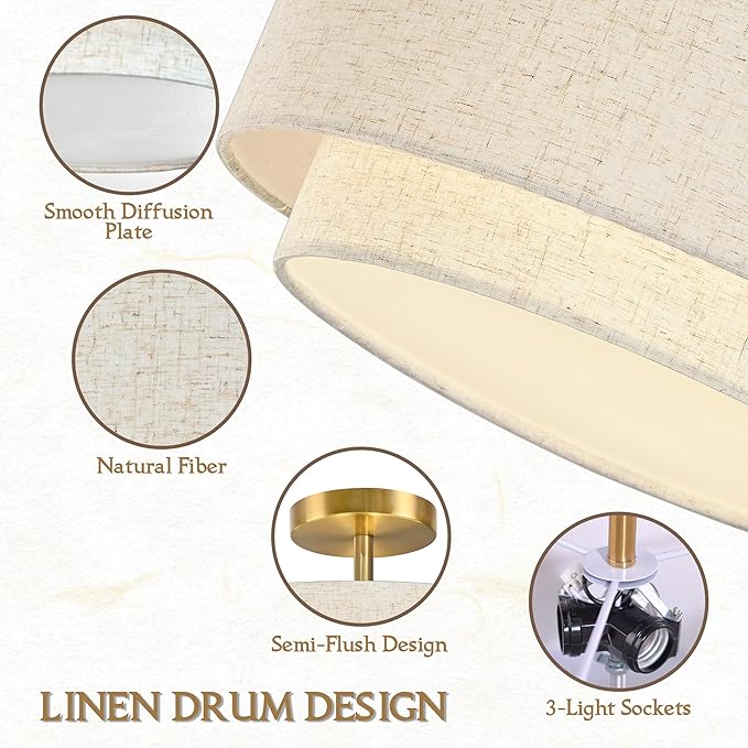 15.7 Inch Flush Mount Ceiling Light Gold Close to Lights Fixture with 2-Layer Fabric Shade 3-Light Drum Modern Lights for Dining Room Bedroom Hallway