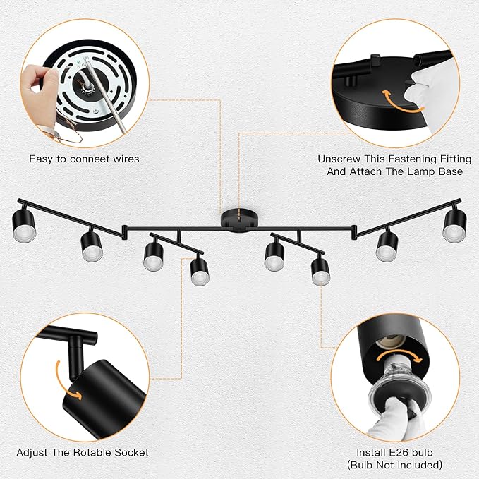 Black Track Lighting Fixture Ceiling, Modern Track Light Fixtures Kitchen, 8-Light Rotatable LED Track Lights, Semi Flush Wall Sconces Lighting for Dining Room/Hallway(GU10 Socket, Bulb Not Included)