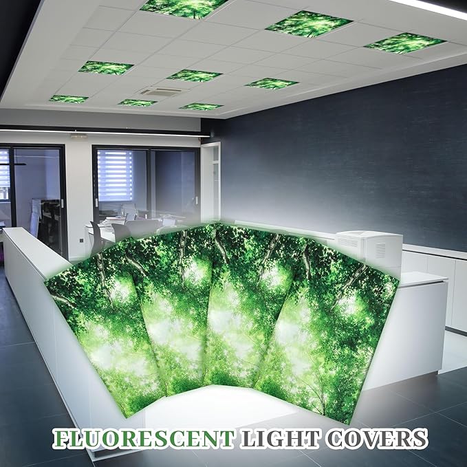 VIHOSE 4 Pcs 2 x 2 Feet Fluorescent Light Covers for Ceiling Lights Classroom Magnetic Light Filters for Reducing Harsh Glare Flicker for Office Classroom Home Drop Ceiling(Forest)