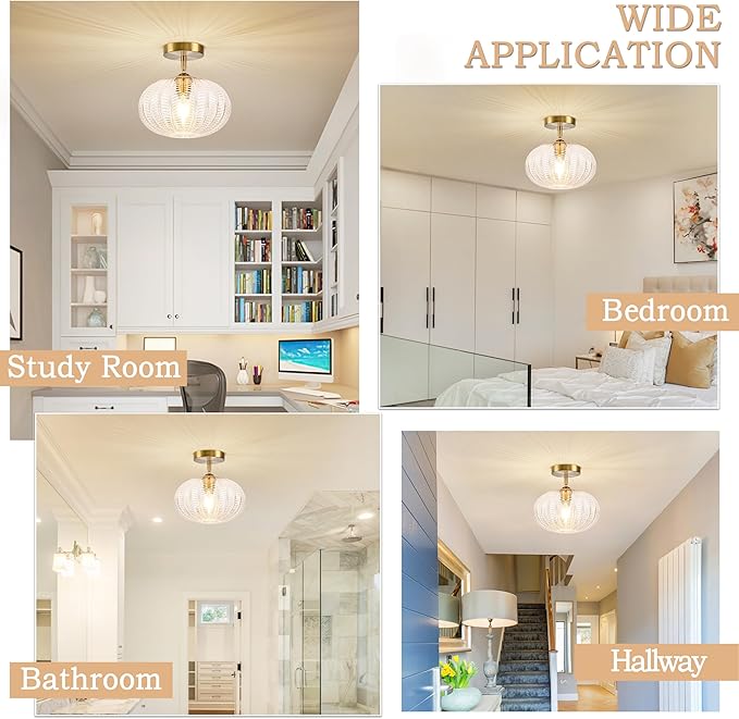 Bagood Gold Semi Flush Mount Ceiling Light Fixture Vintage Ceiling Light Fixture Farmhouse Globe Glass Mid Century Textured Glass Hallway Fixture for Bathroom Entryway (Bulb Incl.)