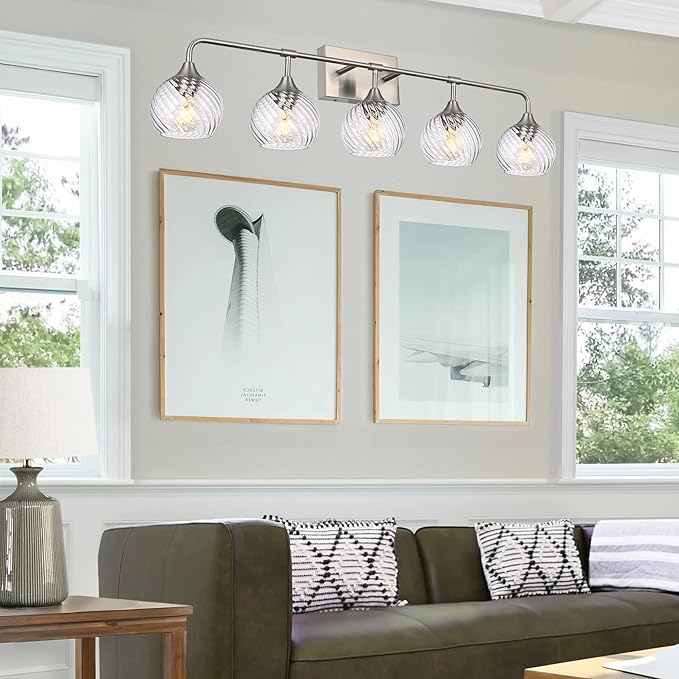 MELUCEE 5-Light Bathroom Lights Over Mirror in Brushed Nickel Finish, Modern Vanity Lights with Clear Striped Swirl Glass Shade Indoor Metal Wall Light Fixtures for Kitchen Powder Room Foyer