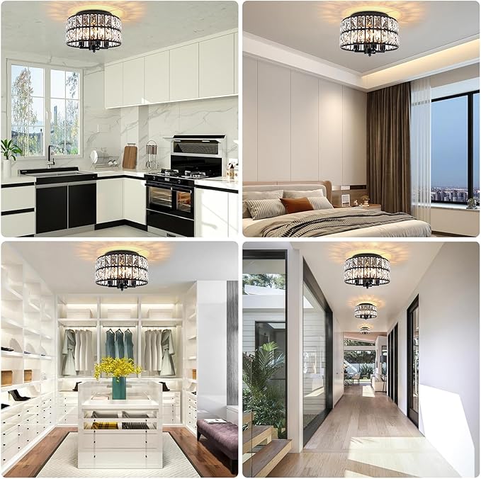 4-Light Crystal Flush Mount Ceiling Light, 11.2" Modern Chandelier, Black Ceiling Light Fixture for Kitchen, Bedroom, Hallway, Bathroom, Entryway, Closet, Dining Room