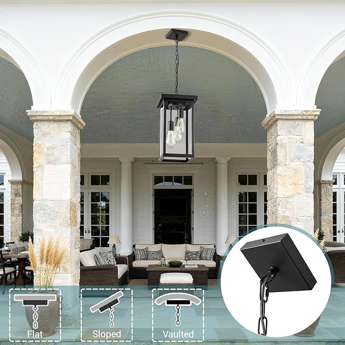 LOUSACE 3-Light Outdoor Pendant Light for Porch, 16'' Large Exterior Hanging Pendant Light Fixture Black Outdoor Chandelier with Clear Glass, Outside Porch Light for Front Door Entrance Balcony Foyer
