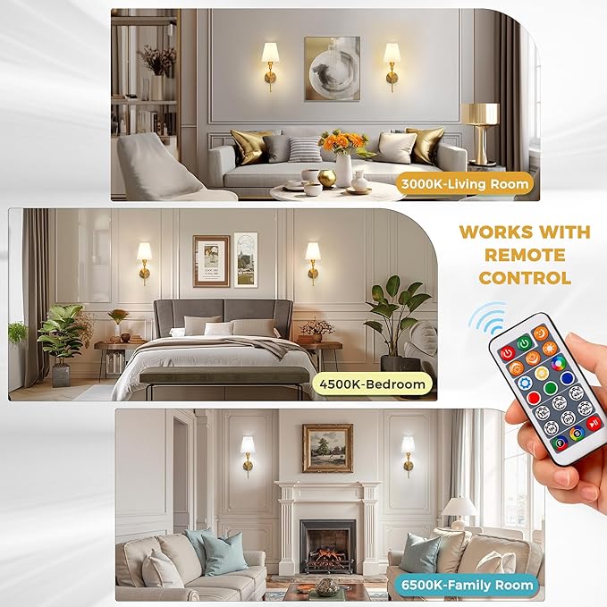 DORESshop Battery Operated Wall Sconce Set of 2, Wall Light Wireless Easy to Install, Dimmable and Adjustable Sconces Wall Decor, Rechargeable Wall Lamp for Bedroom, Living Room, Gold 18.7in