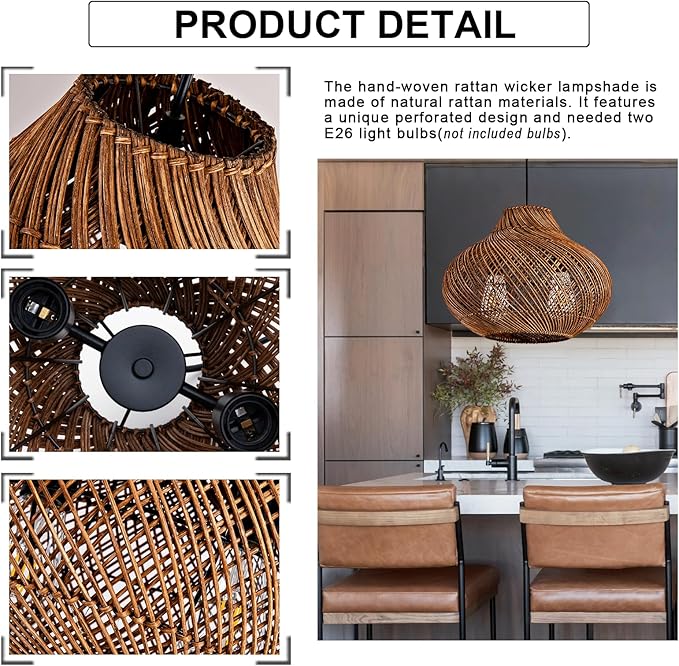 15in Rattan Light Fixture, 2-Light Wicker Woven Chandelier Rustic Pendant Lights Rattan Hanging Lamp for Kitchen Island Dining Room Yard Restaurant Garden Design