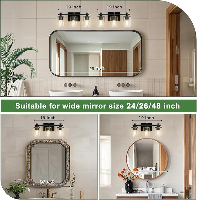 DORESshop 20 Inch Bathroom Light Fixtures, 3-Light Upgraded Matte Black Bathroom Lighting Fixtures Over Mirror with Clear Glass Shade, Vanity Lights for Bathroom Living Room Bedroom, ETL Listed