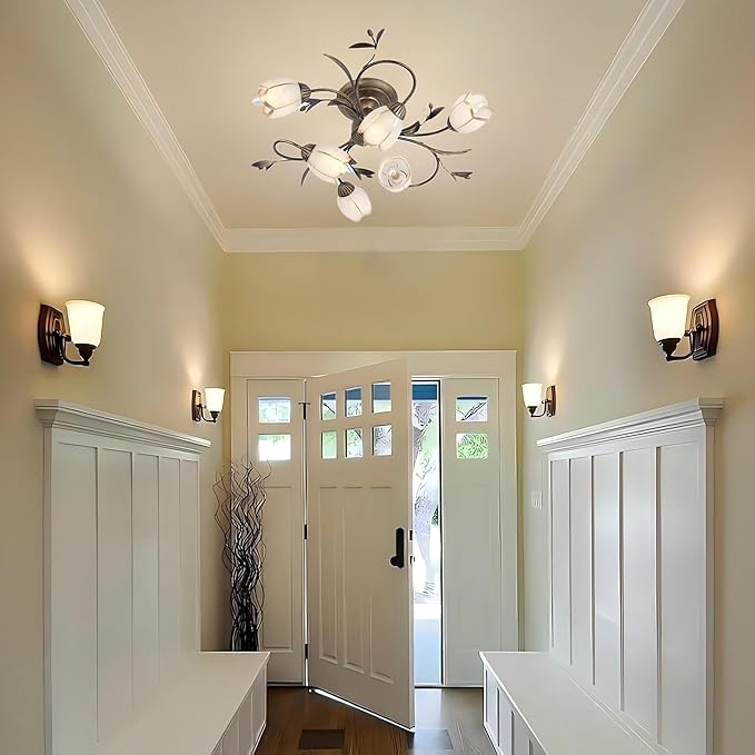 24 Inch 6-Lights Branch Shaped Ceiling Lights, Creative Retro Style Flower Vine Ceiling Light Fixtures, Country Style Ceiling Lamp for Living Room, Bedroom, Kitchen, Study Room