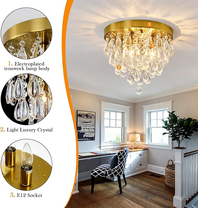 YYJLX Crystal Flush Mount Ceiling Light Modern Crystal Chandelier Gold 4-Light Fixture for Hallway Bedroom Entryway Bathroom Closet