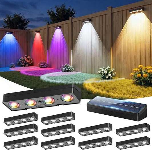 JOFIOS Fence Lights Solar Powered 12 Pack, Warm White, Cool White and RGB Color Glow LED Solar Lights Outdoor, IP65 Waterproof Solar Fence Lights for Patio, Backyard, Railing, Deck and Wall