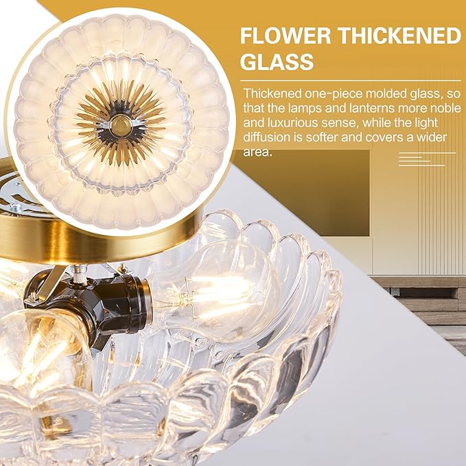 3-Lights Mid Century Modern Vintage Semi Flush Mount Ceiling Light Fixture,Gold Surface Treatment,Clear Flower Glass,for Hallway Bedroom Bathroom Foyer Closet Entryway Laundry Room(11.81 in)
