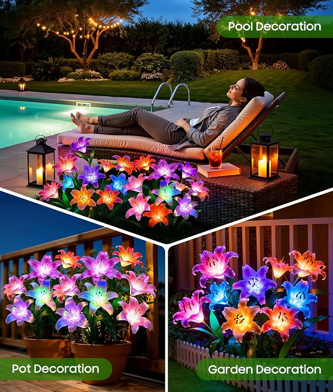 LETMY Solar Garden Lights, 4 Pack Solar Flower Lights with 6 Head Bigger Lily Lights, IP65 Waterproof Solar Lights Outdoor, Decorative Lights for Garden, Patio, Yard, Flower Bed