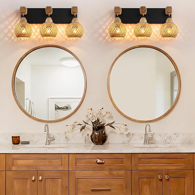 LmnLvn Farmhouse Bathroom Light Fixture, 3-Light Boho Vanity Light, Bamboo Bathroom Light Fixture Over Mirror Rustic Vanity Lighting with Handmade Bamboo Shades, Suit for Restroom, Bedroom, Hallway