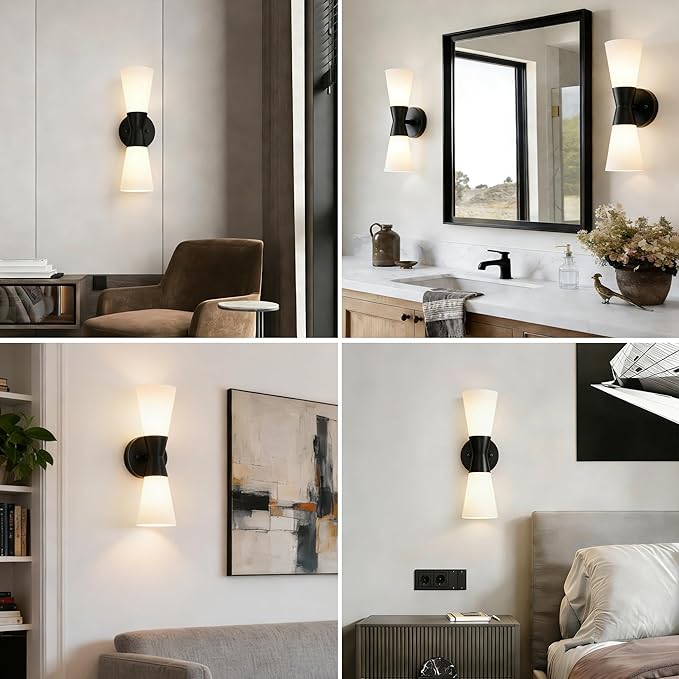 Wall Sconces Set of 2 for Bathroom, Modern Indoor Vanity Light Fixtures 15", Up Down Lighting, Wall Mount Lamp for Living Room Bedroom Hallway Stairway Fireplace Mirror E26 Base 2PC White&Black
