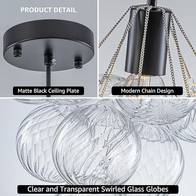 GoYeel Black Small Chandeliers 14.17", Modern Bubble Glass Pendant Light Fixture Dining Room Chandelier Ceiling Lights with 10 Swirled Globe or Foyer Bedroom Kitchen, 1 Light Include E26 Bulb