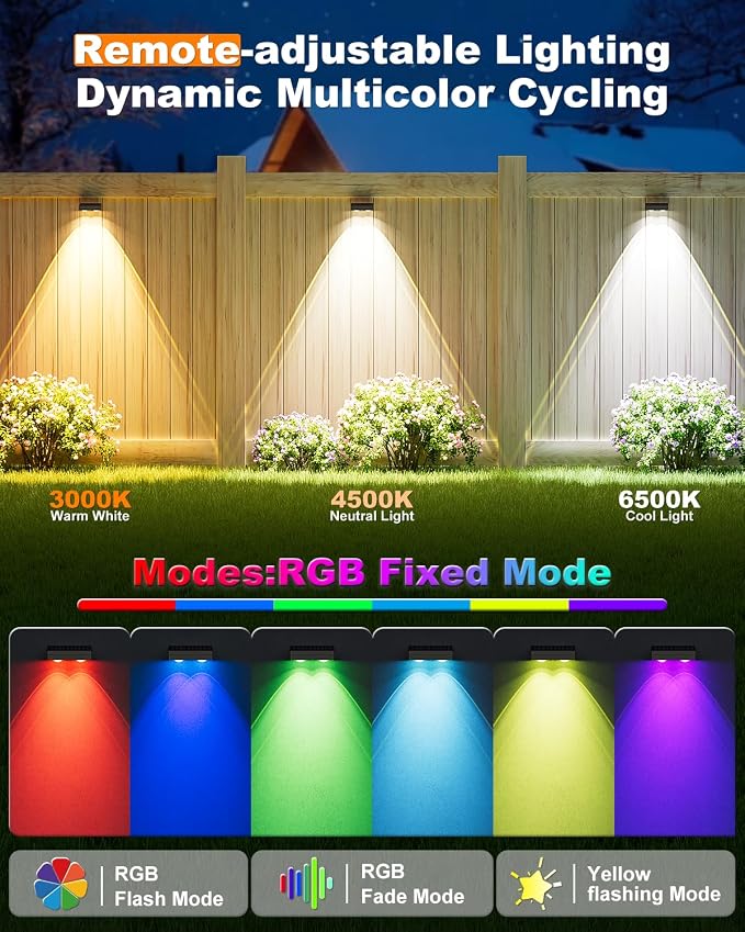 VOLISUN Solar Fence Lights with Remote Control, 50 Lumen LED Fence Lights Solar Powered, IP65 Waterproof, 10 RGB Color Long-Lasting Solar Lights for Backyard Garden Deck Patio Railing (16 Pack)