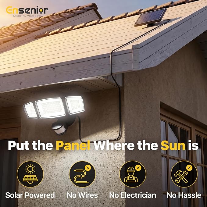 Ensenior Solar Security Lights, Wide Beam Flood Light 6500K Super Bright for Driveway Backyard Garden, Remote Control Motion Lights, Weather-Resistant Exterior Lighting, 1800LM Lumen, Black, 2-Pack
