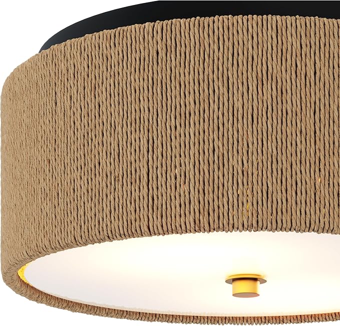 Nathan James Juluca Boho Light Fixture, Flush Mount Ceiling Light with Frosted Glass Diffuser, Rustic Boho Ceiling Light with Seagrass Shade Set of 2
