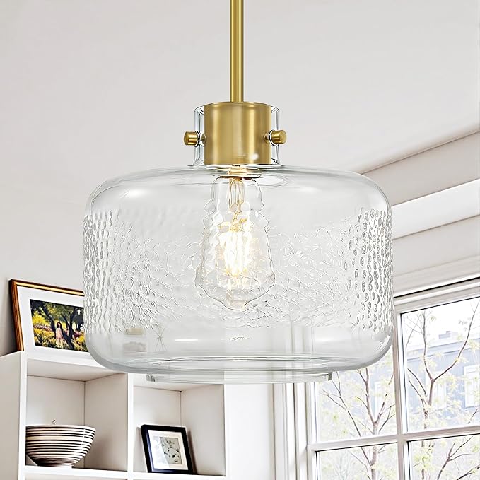 Glass Pendant Lights Kitchen Island, 9.84'' Brass Gold Pendant Lighting Fixtures, Modern Hanging Ceiling Light with Clear Hammered Glass Shade for Farmhouse Dining Room Bedroom Hallway(1 Pack)