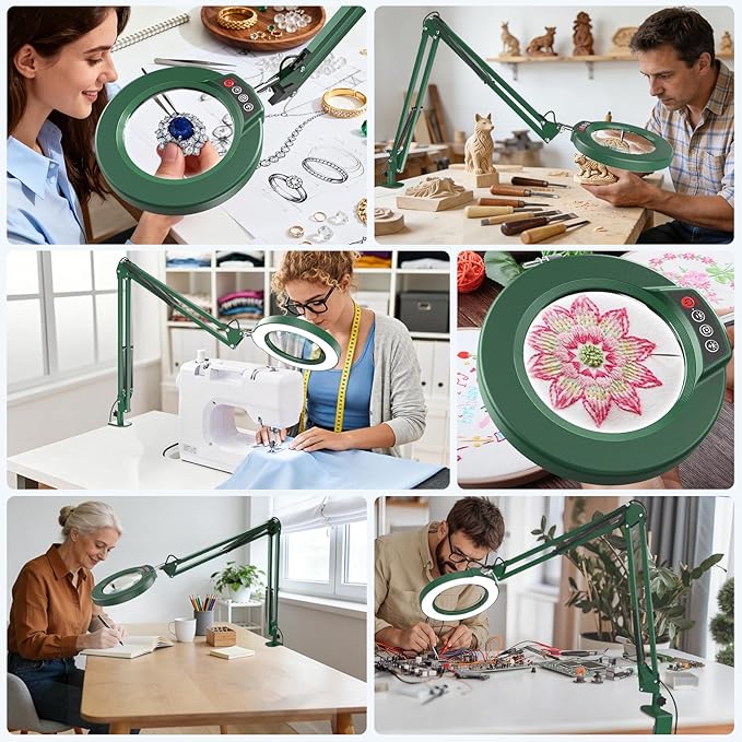 10X Magnifying Glass with Light and Clamp, Real Glass Stand Lighted Magnifier, 2*16 Arm 5 Color Modes Stepless Dimmable LED Desk Lamp Hands Free for Craft Hobby Reading Painting Close Work Large Green