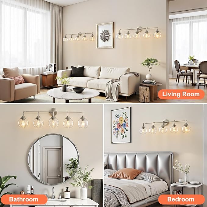 Bathroom Vanity Lights with Clear Glass Shade, E26 Base, Vanity Lighting Fixtures Over Mirror, 39 Inch Vanity Lights for Bathroom (Exclude E26 Bulb) (Brushed Nickel, 5-Lights)