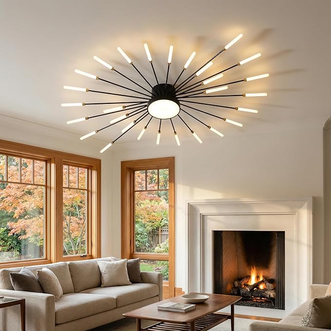 Modern Ceiling Light LED Flush Mount Ceiling Light for Living Room,Kitchen,Dining Room,Bedroom Fireworks Design Dimmable with Remote Control & Memory Function Lighting Fixture (Black,28 Light)