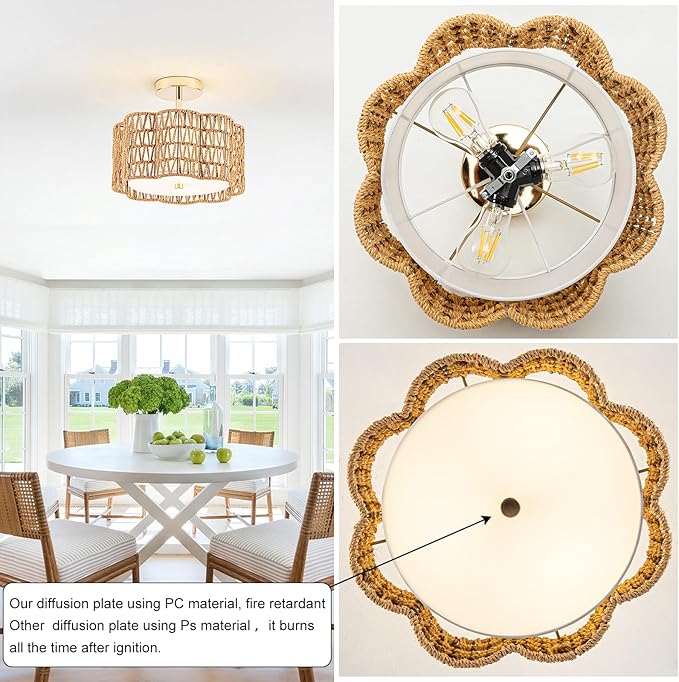Tbaoinla✿ 13.8＂ Handwoven 3-Light Rattan Ceiling Light | Boho Flush Mount for Bedroom & Nursery, Natural Fiber Basket Light Fixture, Gold Light Fixture